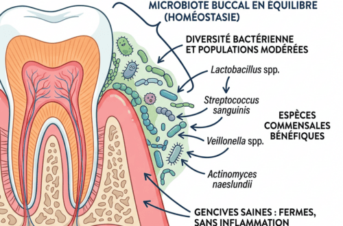 Schéma du microbiote buccal en équilibre autour de gencives saines