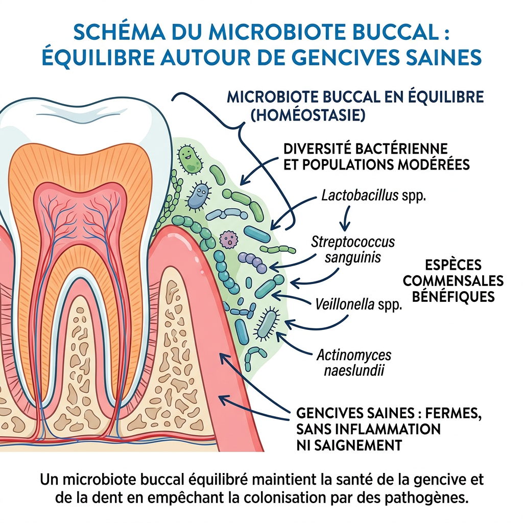 Schéma du microbiote buccal en équilibre autour de gencives saines