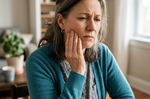 Woman holding her cheek with a concerned expression at home