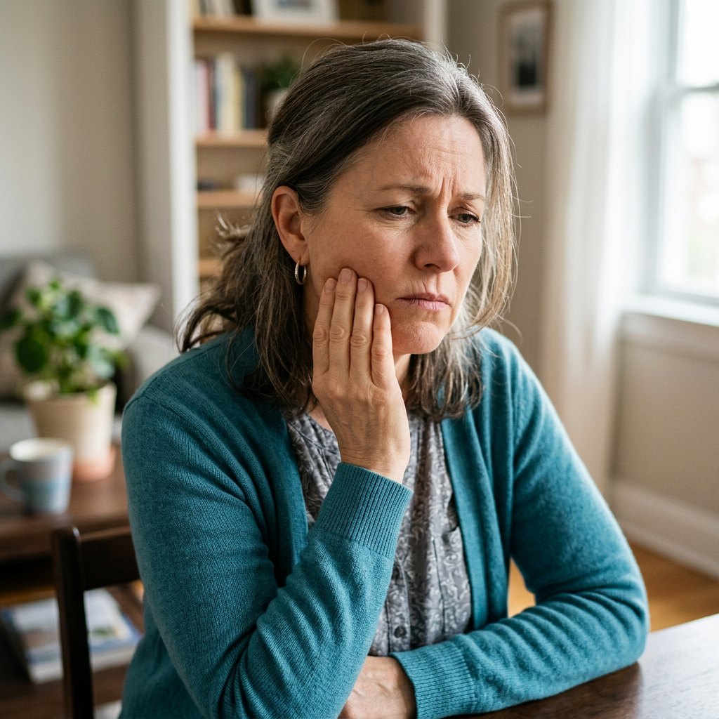 Woman holding her cheek with a concerned expression at home